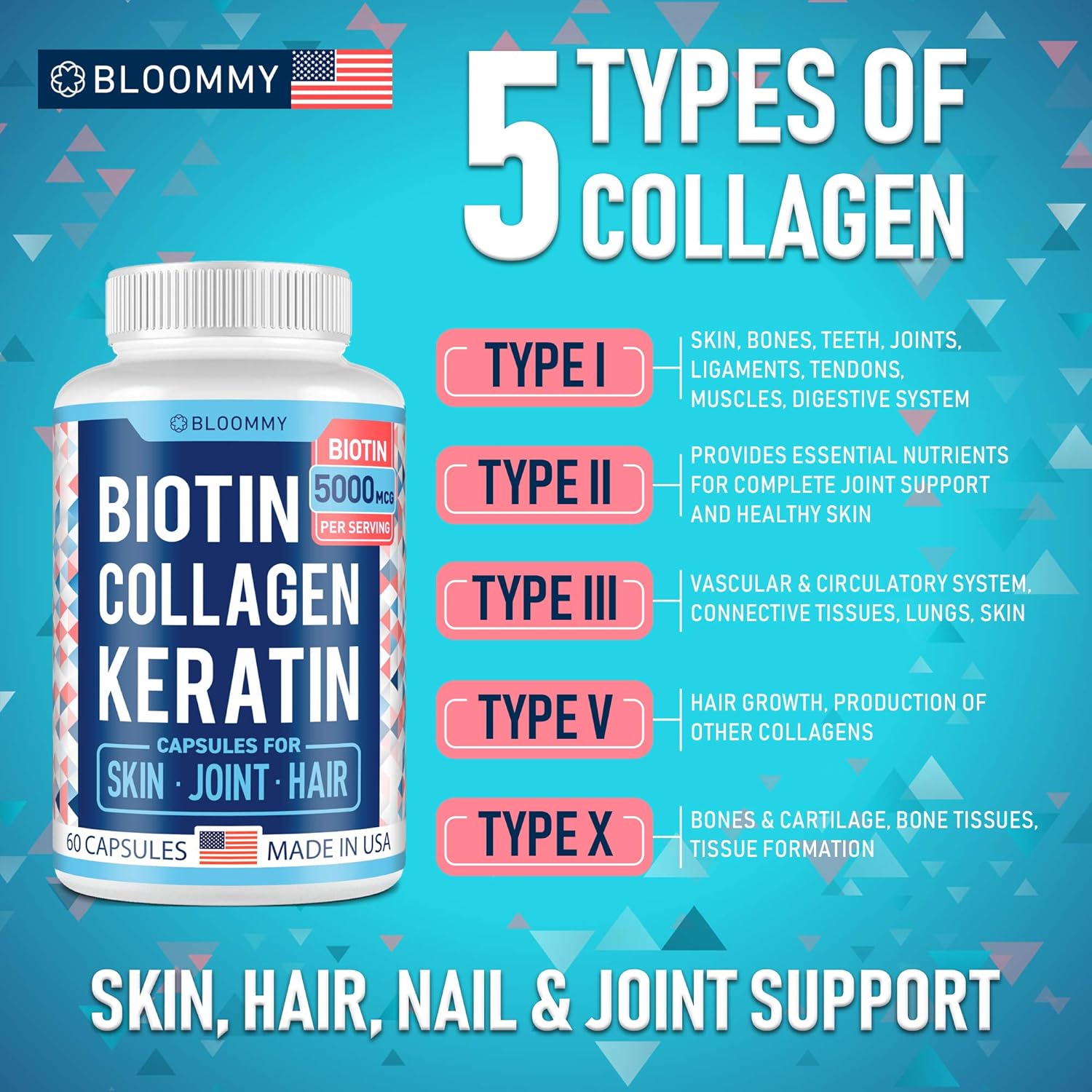 Biotin, Collagen & Keratin Capsules - Joints, Skin & Hair Natural Vitamins - Made in USA - Biotin & Collagen Supplements for Women - Collagen Pills for Hair Care - Collagen Peptides Pills - 60 caps: Health & Personal Care