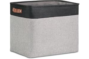 DULLEMELO Large Collapsible Storage Basket/Bin with Sturdy Leather Handles, Fabric Organizer Bin for Storage Clothes, Toys, Books, Office, Bedroom, Closet, Nursery & Laundry (Black&Gray)