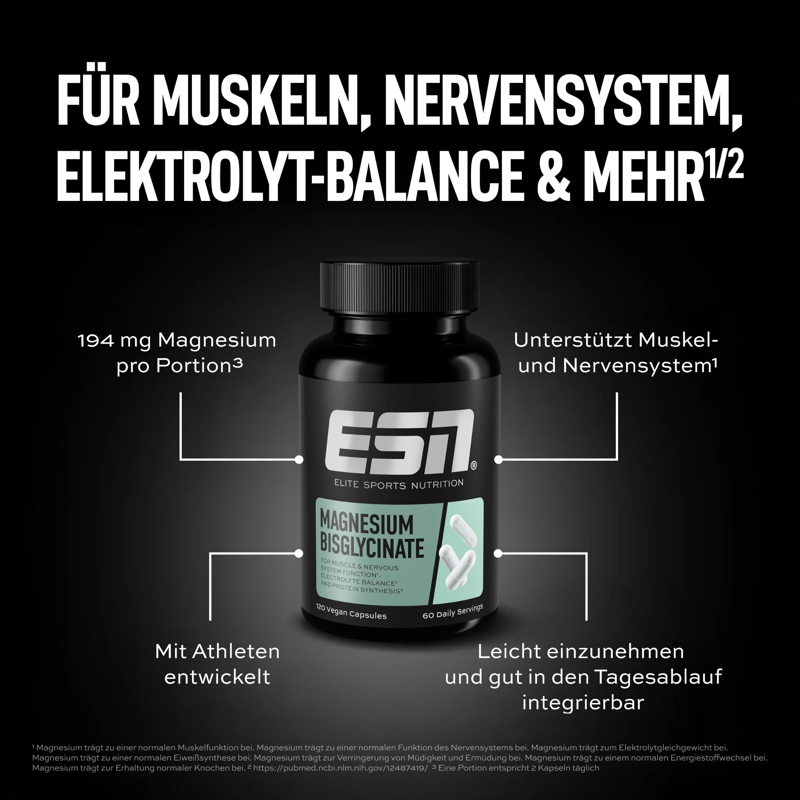 ESN Magnesiumbisglycinat Kapseln - mit 194 mg Magnesium pro Tagesportion - gute Verträglichkeit und Bioverfügbarkeit - vegan - 120 Kapseln, 60 Portionen 5