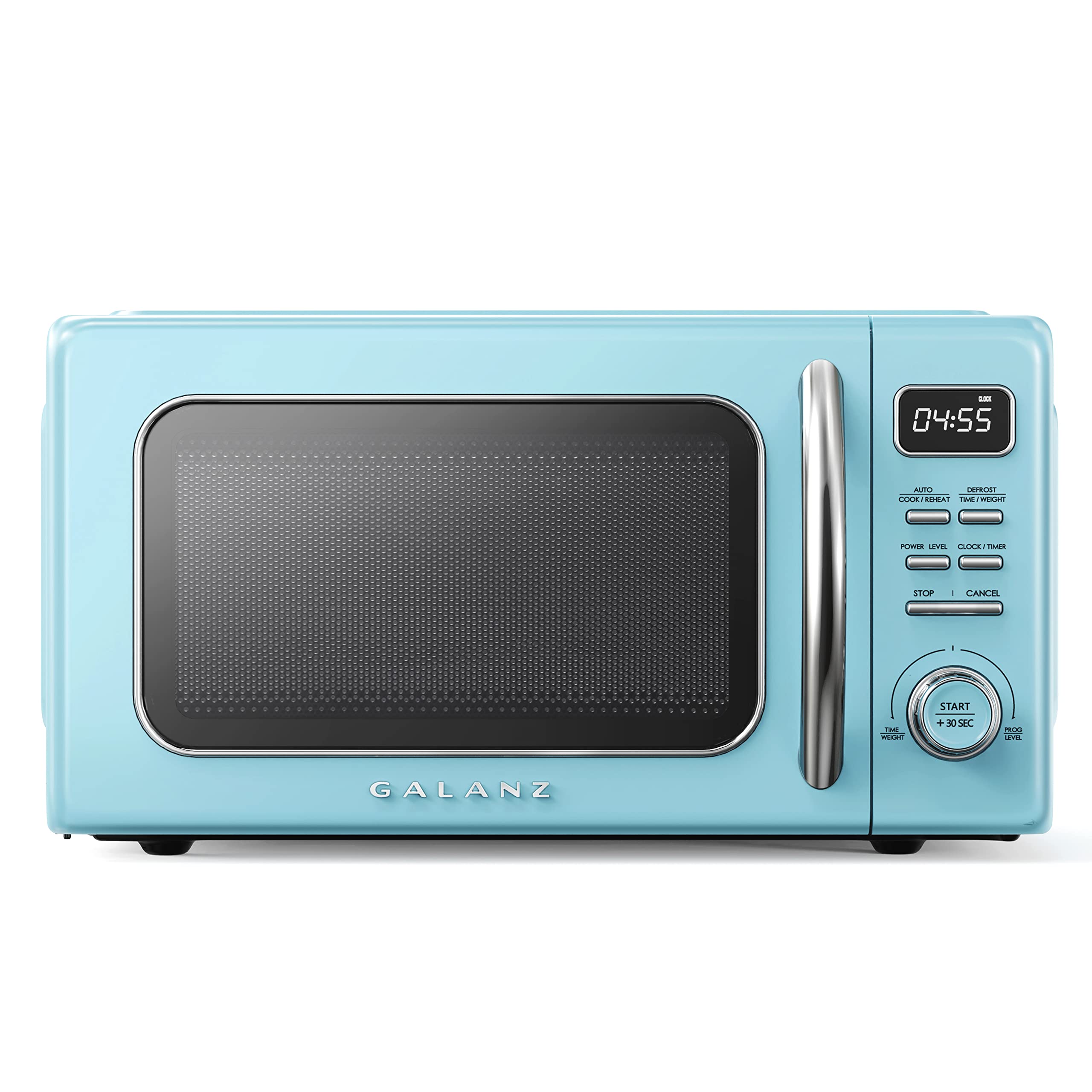 Photo 1 of **CORNER DENTED**Galanz GLCMKZ11BER10 Retro Countertop Microwave Oven with Auto Cook & Reheat, Defrost, Quick Start Functions, Easy Clean with Glass Turntable, Pull Handle, 1.1 cu ft, Blue