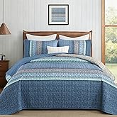 Menghomeus Blue Quilt Set King Size, 3 Pieces Striped Patchwork Quilted Bedding Sets, Soft Lightweight King Bedspreads Coverlets Bedding Set for All Seasons 104"x90"