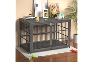 IRONOVACAGE Heave Duty Dog Crate Furniture, Various Sizes & Colors Optional, Indestructible Cage for High Anxiety Dogs with Wooden Table for Indoor Decorative, Escape-Proof Locks & Double Door for Large XL Dogs
