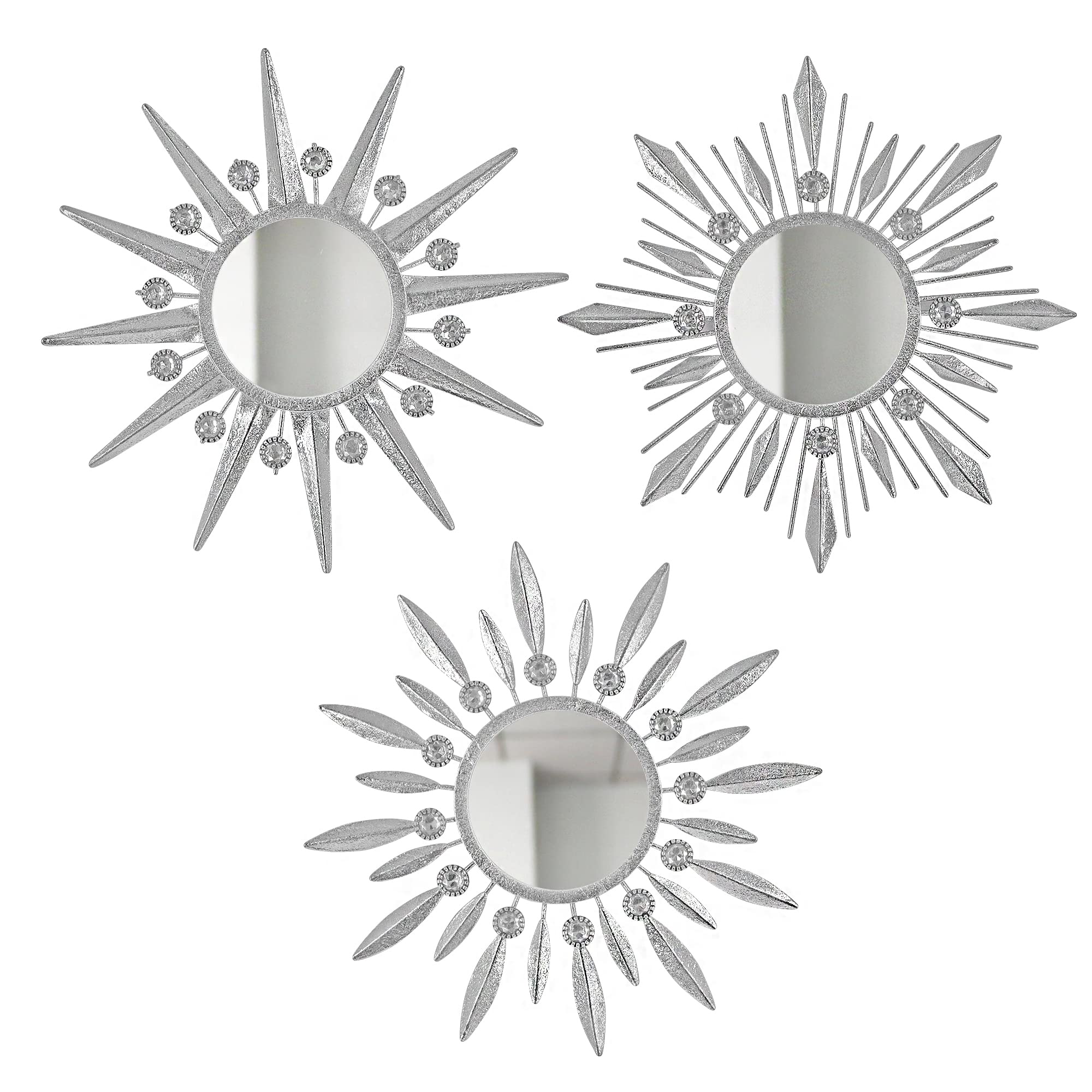 Photo 1 of Manortang Silver Mirrors Wall Decor, Metal Sunburst Mirror Wall Art Decorative Mirrors, 9 inch Home Decoration Rhinestone Small Mirror for Living Room Bedroom Bathroom Entryway Set of 3