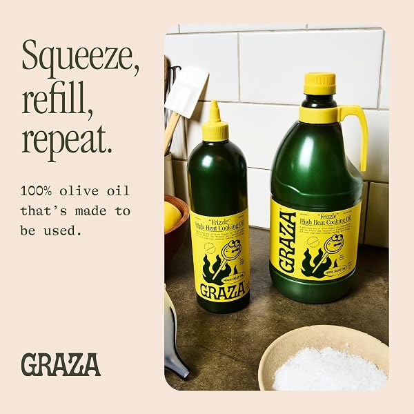 GRAZA FRIZZLE HIGH HEAT COOKING OIL – COOKING OIL WITH A HIGH SMOKE POINT & NEUTRAL FLAVOR IN A SQUEEZE BOTTLE FOR FRYING, BAKING & GRILLING – OIL MADE FROM 100% OLIVES – 25.3 FL OZ (750ML)