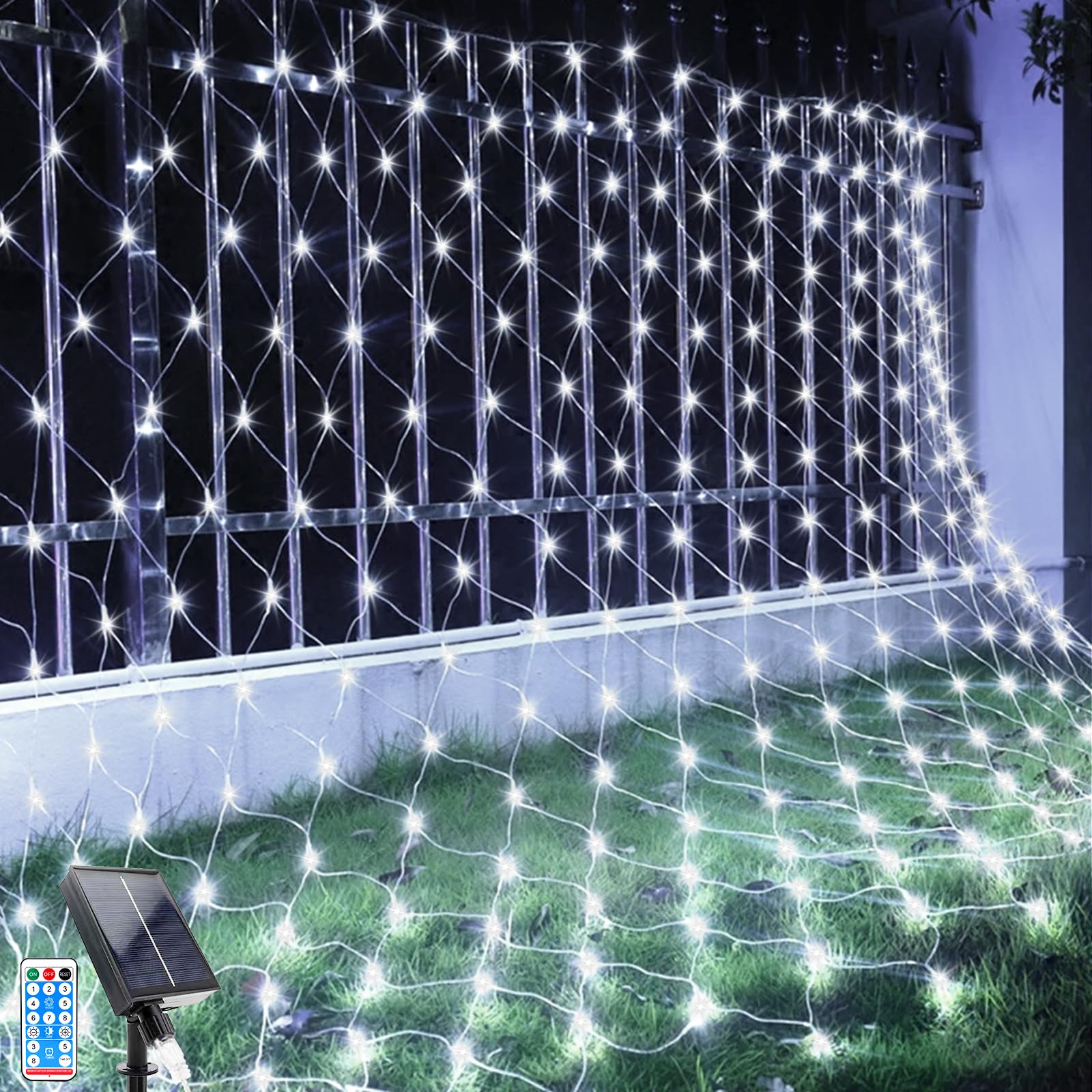 GHONLZIN LED Solar Net Light, 2Mx3M Mesh Fairy String Lights, 192 LEDs 8 Modes Weatherproof Outdoor Net Lights Wrap Christmas Tree with Remote for Garden Balcony Fence Backyard Decor