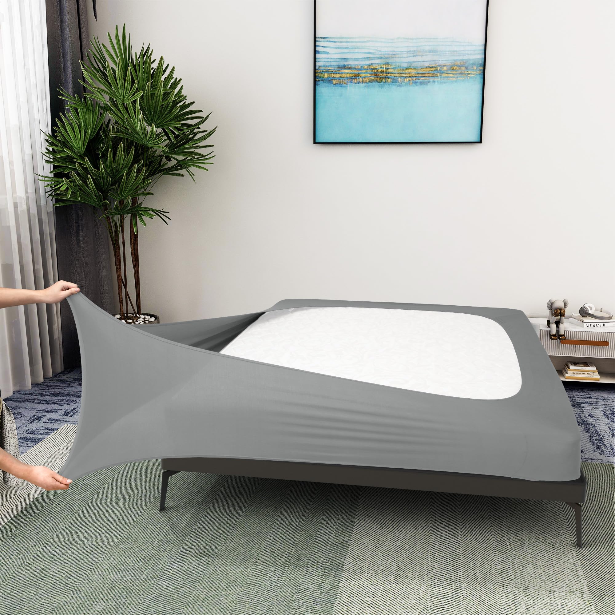 Photo 1 of Box Spring Cover Queen Size - Jersey Knit & Stretchy Wrap Around 4 Sides Bed Skirt for Hotel & Home, Soft & Wrinkle Free - Queen/Queen XL, Light Gray