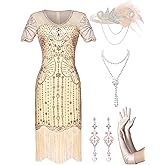 MTITE 1920s Flapper Dresses for Women,Sheer Beaded Sleeves Great Gatsby Dresses Roaring 20s Dresses Costumes with Accessories