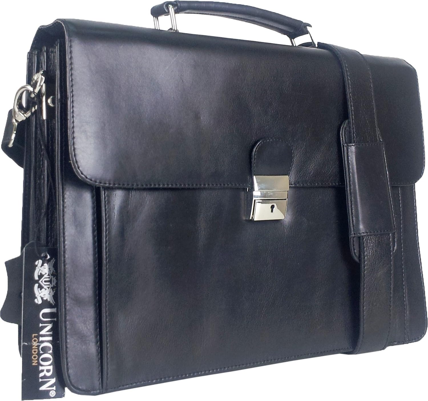 UNICORN Black Real Leather Bag Business Executive Briefcase Keylock Messenger #6N
