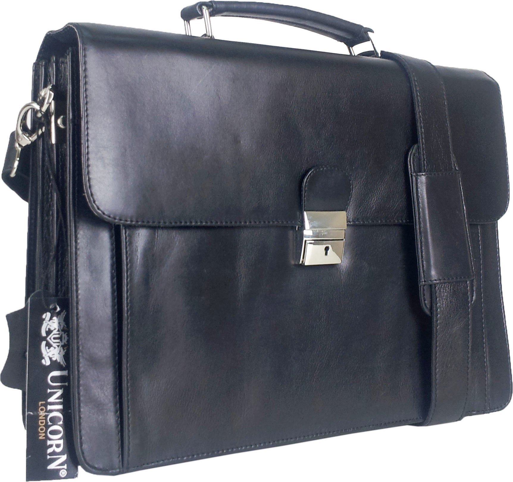 UNICORN Black Real Leather Bag Business Executive Briefcase Keylock Messenger #6N