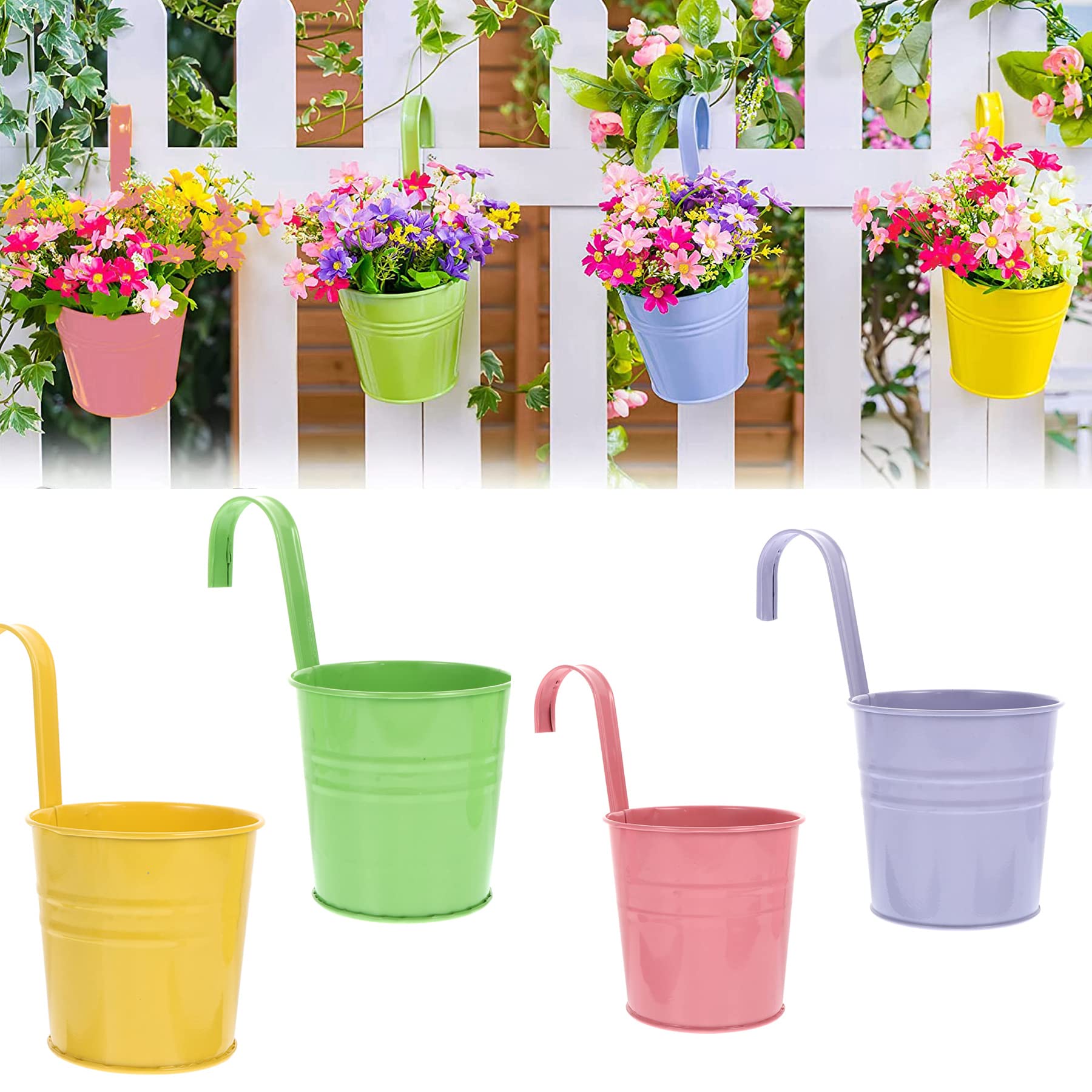Wensmy 4pcs Metal Hanging Flower Pots with Detachable Hook Balcony Flower Bucket Wall Planter Garden Planters With Drainage Hole for Balcony Fence Home Decor (Pink, Purple, Green, Yellow)