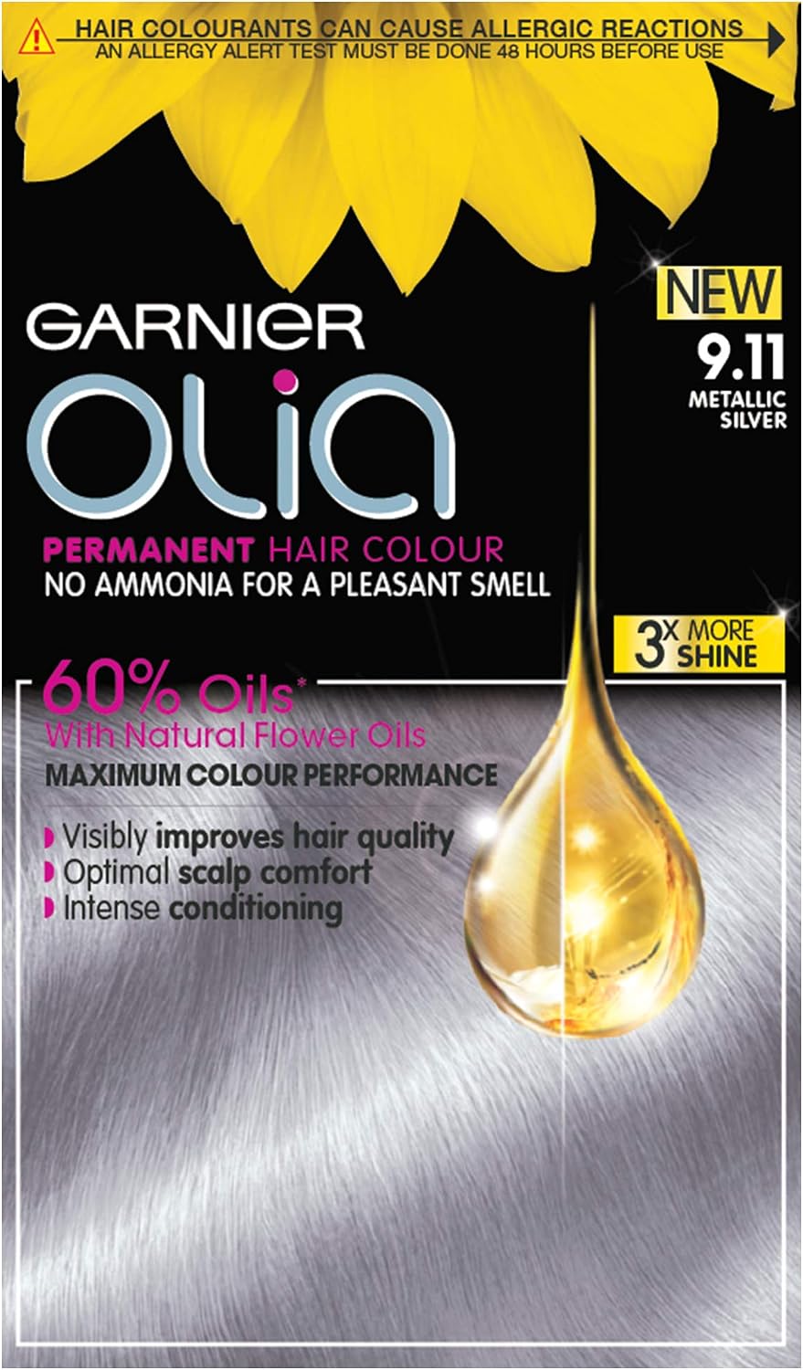 Garnier Olia Silver Hair Dye Permanent, Up to 100% Grey Hair Coverage, No Ammonia for a Pleasant Scent, 60% Oils - 9.11 Metallic Silver