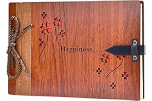 ZEEYUAN Wooden Scrapbook Album DIY Photo Album 80 Pages, Love Memory Book Wood Wedding Guest Book Retro Photo Scrapbook Gift for Anniversary, Birthday, Engagement (Happiness)