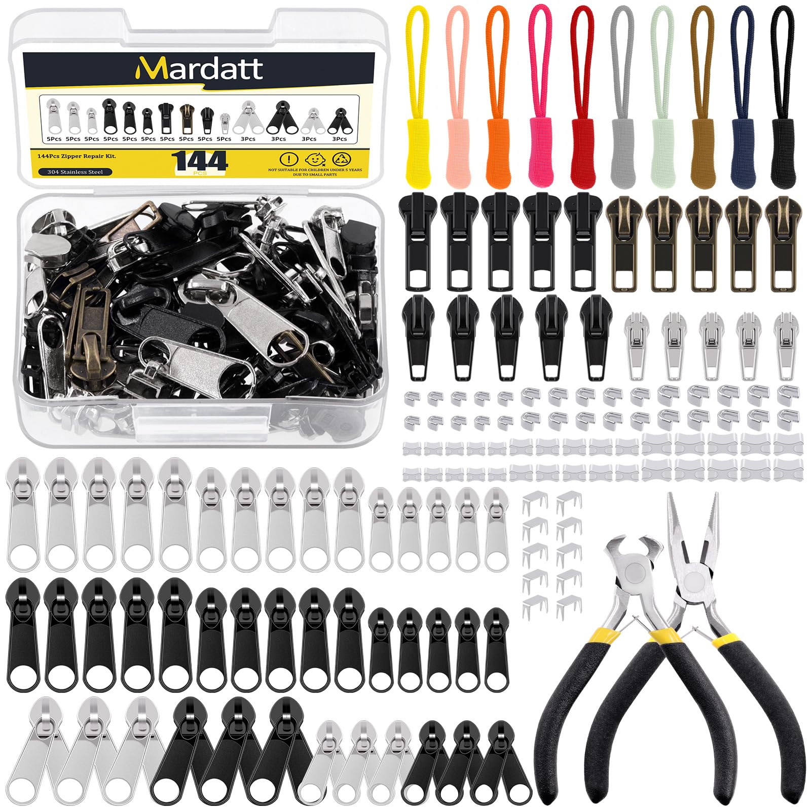 Mardatt 144Pcs Zipper Repair Kit - #3#5#8 Zipper Replacement with Extension Pulls, Installation Pliers for Bags, Tents, Luggage, Jackets, Backpacks, Sleeping Bags