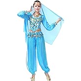 Lauthen.S Women Belly Dance Outfit Coins Top Pants Face Veil Set Halloween Costume