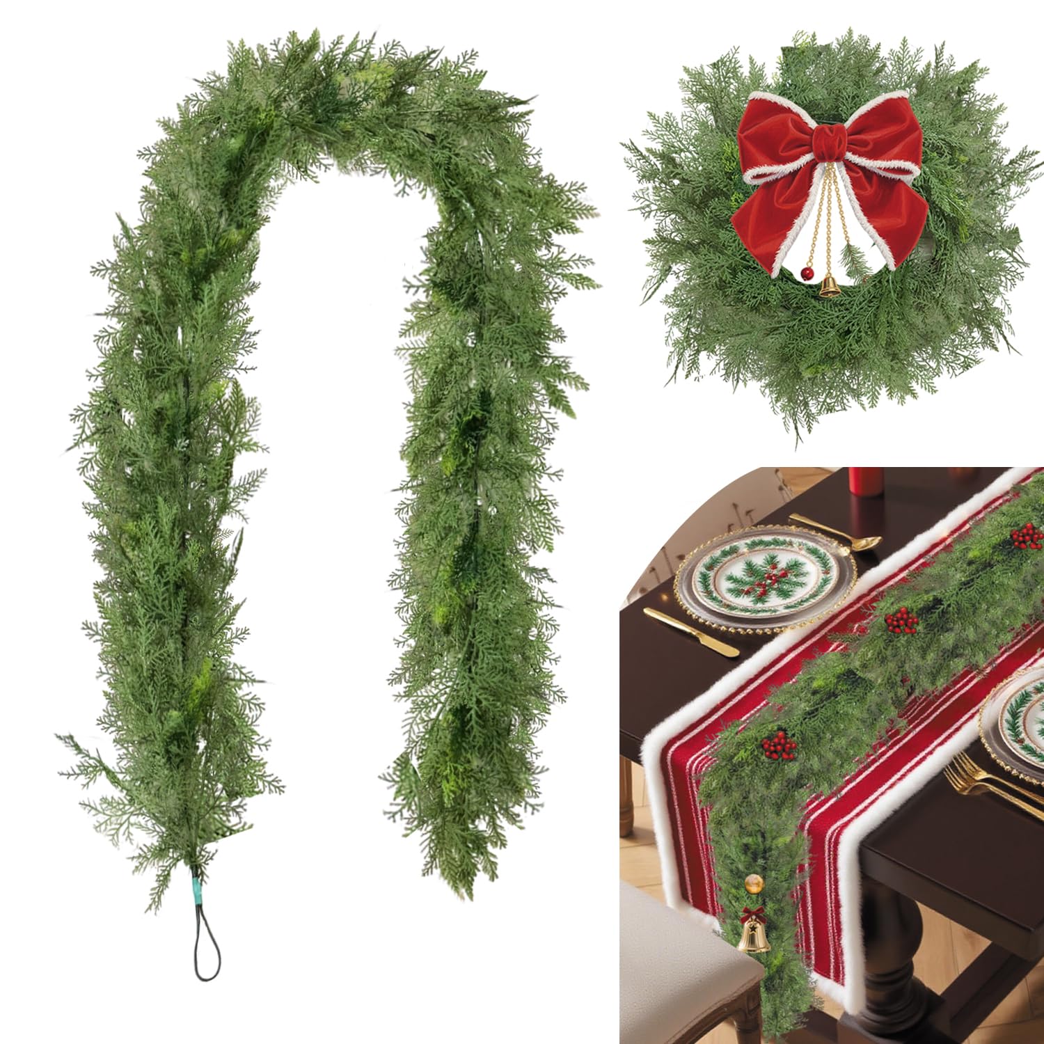 View 1 of 7FT Real Touch Cedar Garland Artificial Christmas Garland Green Faux Thick and Lush Pine Needles Garlands for Table Fireplace Mantle Holiday Home Indoor Outdoor Decor