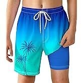 YGDSX Boys Swim Trunks with Compression Liner Boys Quick Dry 2 in 1 Swim Shorts Summer Beach Shorts Blue Green