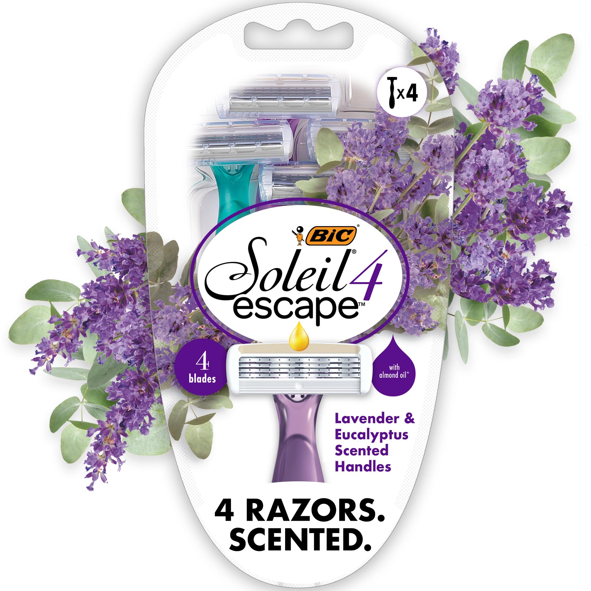 Photo 1 of BIC Soleil 4 Escape Women's Disposable Razors With 4 Blades for a Sensorial Experience and Comfortable Shave, Pack of Lavender & Eucalyptus Scented Handle Shaving Razors for Women, 4 Count