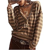RoseSeek Women's Striped Button Down Sweaters Waffle Knit Long Sleeve Pullover Jumper
