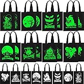 SilTriangle 24 Pack Luminous Halloween Non Woven Tote Bags, 7.9 x 9.8 in Light up Trick or Treat Goodies Bags, Reusable Halloween Candy Gift Tote with Handles for Party Favor Supplies(Classic Style)
