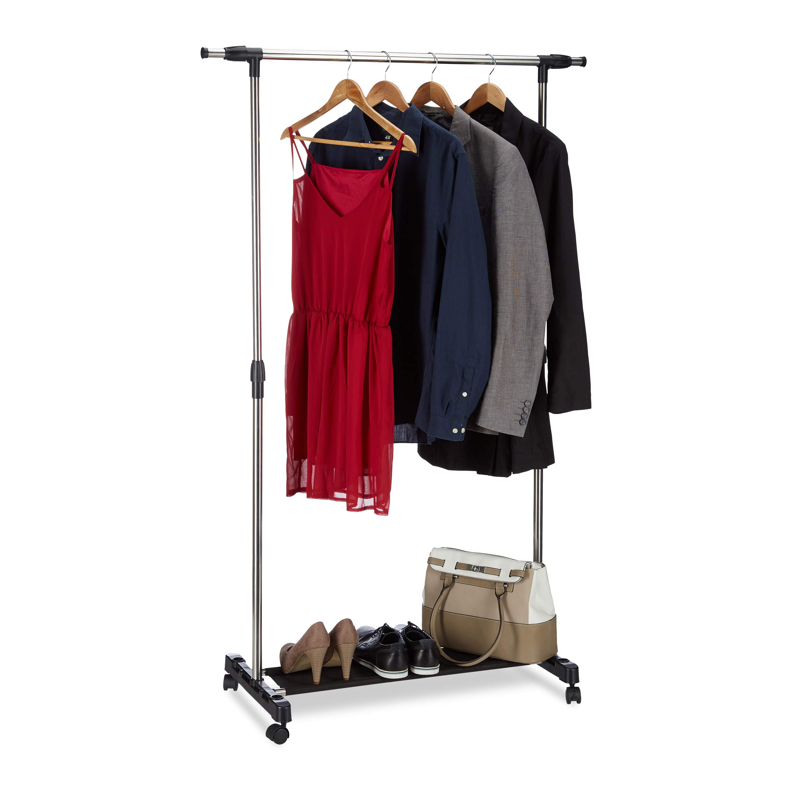 Relaxdays Garment Rack on Wheels, Rolling Clothes Rail with Storage Rack, Adjustable Height, 96 - 162, Silver