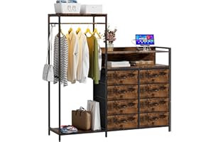 KSOBEBVT Wardrobe Closet with 8 Drawers & Hanging Rods, 58" H Freestanding Clothing Rack, Large Capacity Storage Organizer with USB Charging Station & LED Lights for Bedroom Dorm Room Apartment (Rustic Brown)