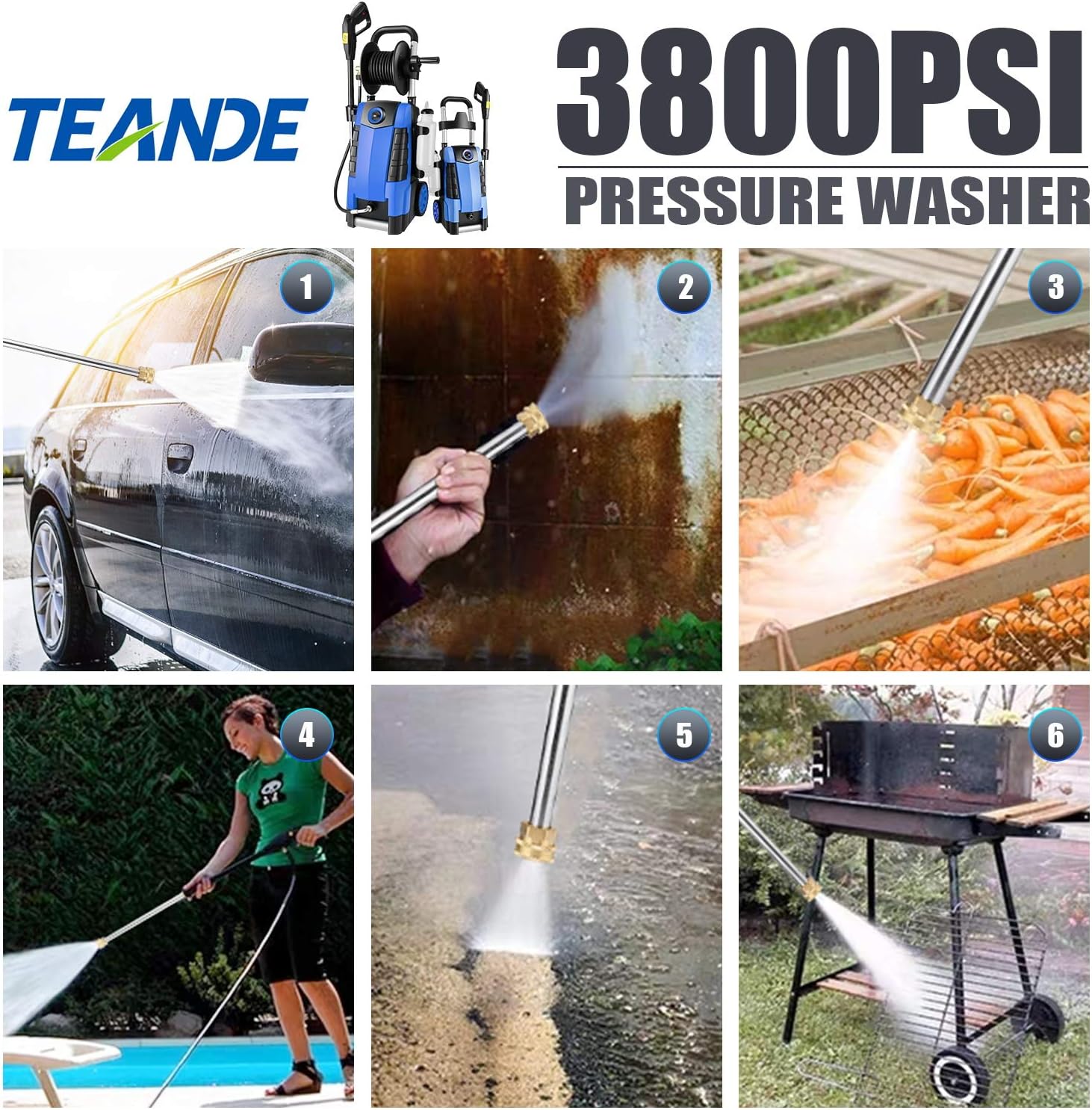 TEANDE 3800PSI Electric Pressure Washer, 2.8GPM High Pressure Power Washer 1800W Machine for Cars Fences Patios Garden Cleaning Hose Reel : Garden & Outdoor