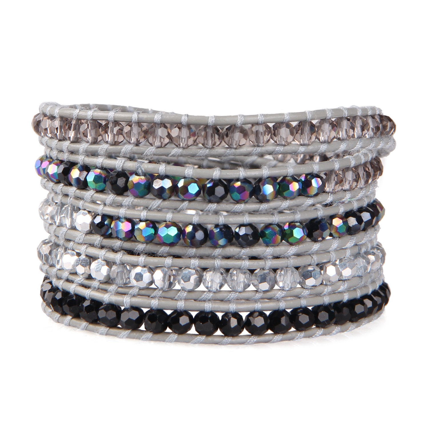 KELITCH Crystal Beaded 5 Wrap Bracelets Leather Bracelet Handmade Women Friendship Bracelets (Grey)