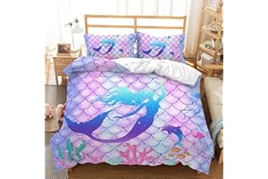 CVHOUSE Mermaid Duvet Cover Full Size,Ocean Rainbow Bedding Set for Girls Kids Teens,Beach Comforter Cover,1 2 Pillowcases 3 Piece Full 79'x89'