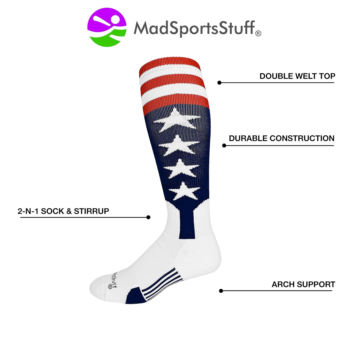 MadSportsStuff USA Flag Baseball Patriotic Stirrups Socks with Stars
