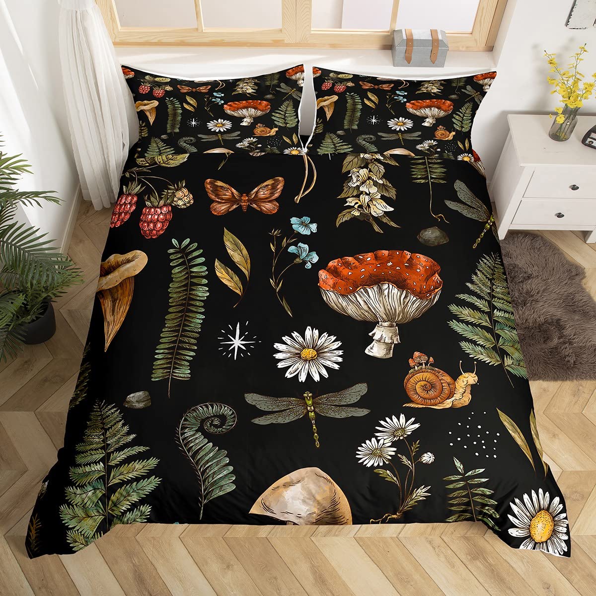 richhome Watercolor Muhsroom Duvet Cover Double Size 3 Pcs Retro Hippie Daisy Wild Dragonfly Bedding Set for Kids Teens Adults Outdoor Leaves Flowers Natural Moth Comforter Cover with 2 Pillowcases — image 1