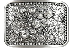 Western Antique Floral Engraved Rope Edge Design Belt Buckle Fits 1-1/2"(38mm) Wide Belt, Rhinestone, One Size