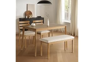 SIMTONAL 4-Piece Farmhouse Dining Set, Wooden Table with 2 Chairs, Bench Seat, Mid-Century Modern Wooden Table & Upholstered Chair Set for Home, Kitchen, Dining Room, Solidwood Legs