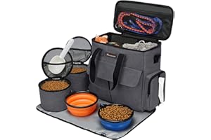 Modoker Airline Approved Pet Travel Bag, Weekend Dog Travel Set for Dog and Cat, Airline Approved Tote Organizer with Multi-Function Pockets 2 Food Storage Containers, 2 Collapsible Bowls (Dark Gray)