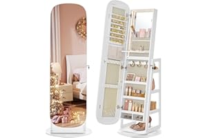SONGMICS LED Jewelry Cabinet, 360° Swivel Jewelry Organizer, Lockable Mirror Jewelry Cabinet Standing, Rounded Wide Full-Length Mirror with Storage Shelves, Christmas Gifts, Cloud White UJJC036W01