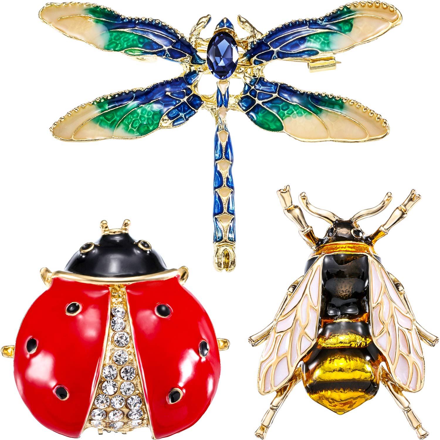 3 Pieces Rhinestone Crystal Brooch, Elegant Fashion Brooch Pins for Party Celebration Decoration and Valentine's Day Gift (Cute Bee Brooch, Dragonfly Brooches and Ladybug Brooch)