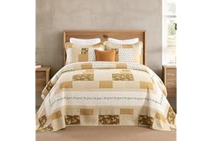 FineStichery Oversized King Bedspreads 120x120, 100% Cotton California King Quilt Set, Farmhouse Plaid Reversible Floral Bedspreads Coverlets, Lightweight Bed Cover, 3 Piece, Brown/Beige