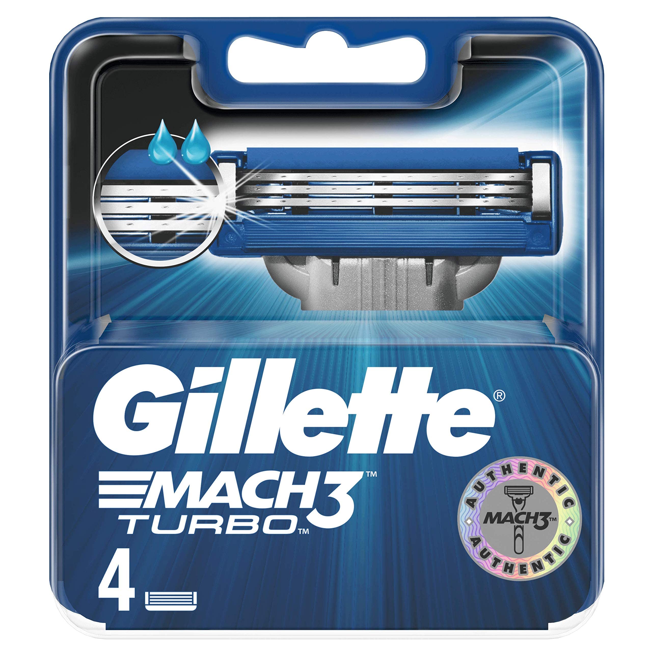 Gillette Mach3 Turbo Razor Blades Men, Pack of 4 Razor Blade Refills, Stronger Than Steel Blades, Enhanced Lubrastrip