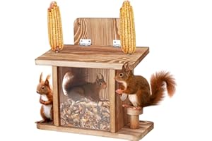TUROSUR Squirrel Feeder for Outside, Thickened Solid Wooden Squirrel Feeders Platform, Chipmunk Feeder Hold Peanuts Corn Corn Cob, Durable Hanging Feeder Box Funny Squirrel Houses Picnic Table for Outdoors