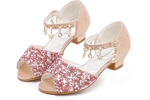 Furdeour Sparkly Girls Dress Shoes Princess Shoes High Heels Peep Toe Low Heel Glitter Toddler Big Kid Wedding Party