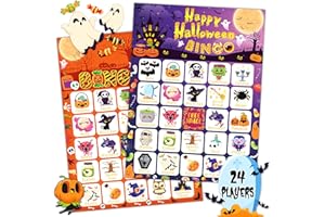 MonEnfance Halloween Bingo Cards, 24 Players Halloween Bingo Game for Kids Adults with Punny Stickers Cute Party Game for Family Classroom Large Group