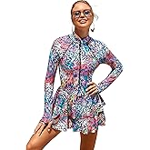 ABAFIP Women's Long Sleeve Rash Guard Swimdress Swimsuit Zipper One Piece Swim Dress Bathing Suit UPF 50