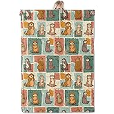 ICAAV Retro Otter Blanket 50×60 Inch,Vintage Doodle Collage Style Lightweight Flannel Throw with Cartoon Sea Otters in Color Blocks, Playful Animal Decor,Gifts for Adults, Teens
