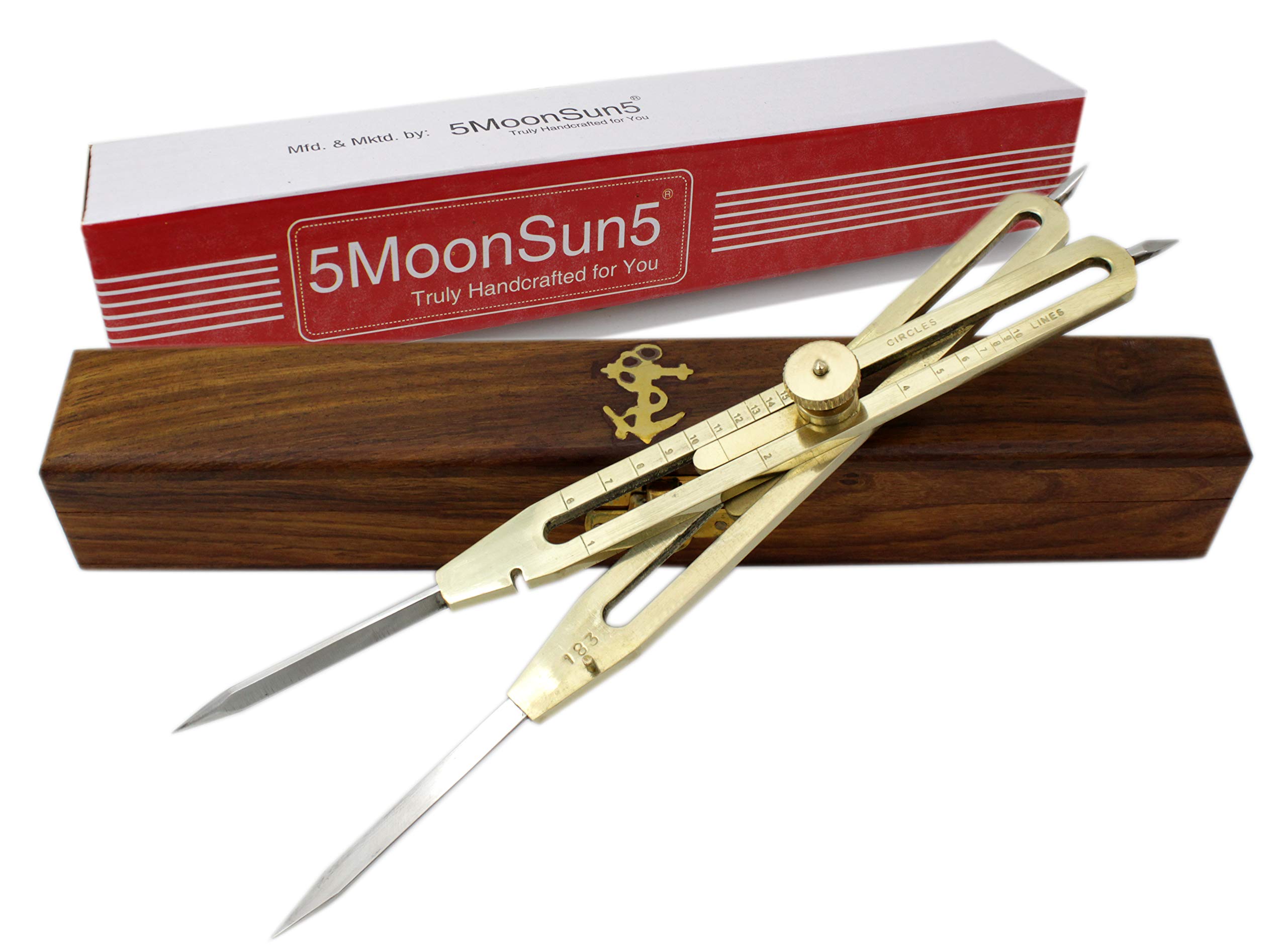 5MoonSun5's Artist Proportional Scale Divider Drawing Tool Professional 9” Long Solid Brass with Heavy Duty Steel Point Executive Promotional drafting gift with Wooden box great tool for art projector