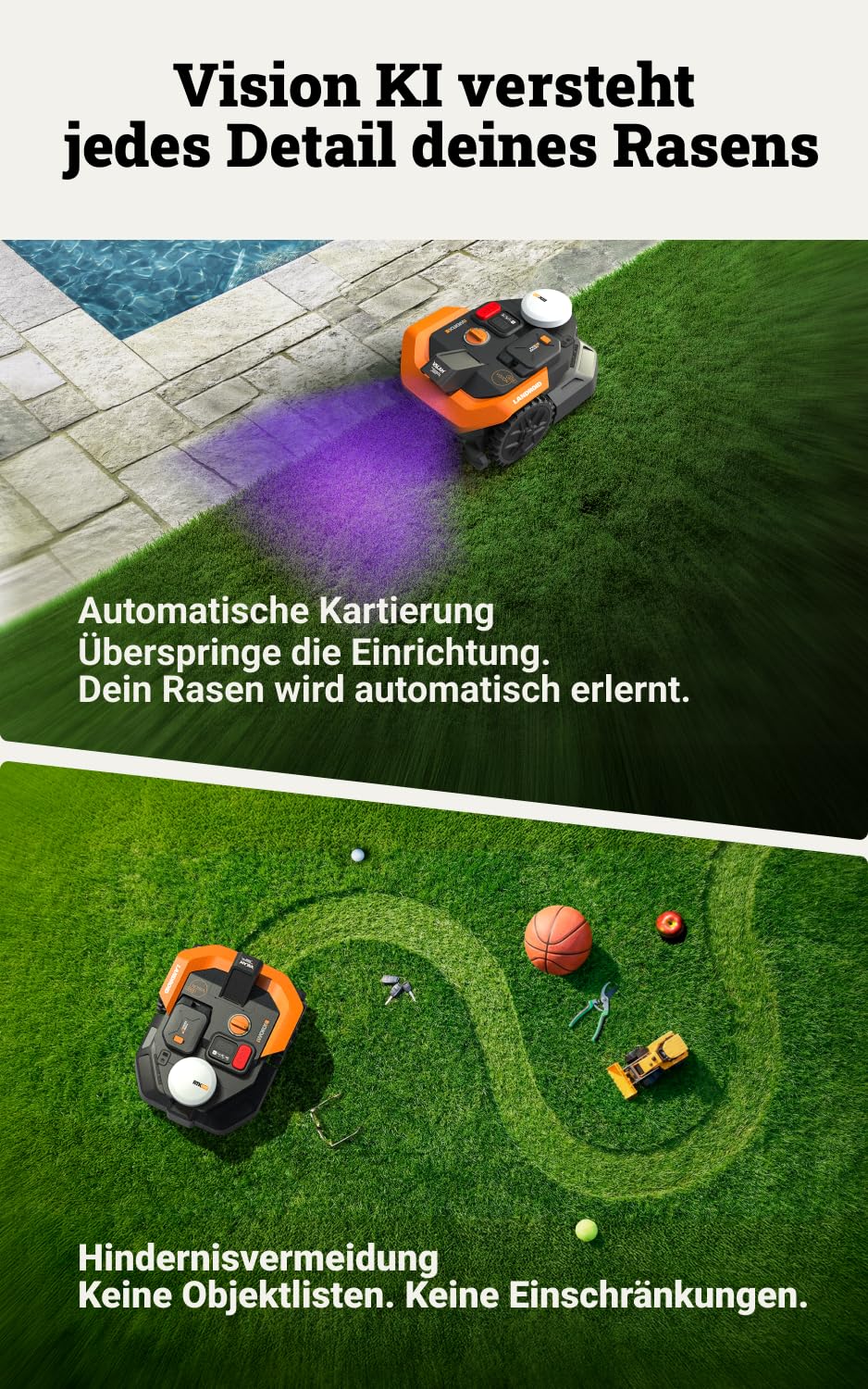WORX Landroid Vision Cloud WR303E 2WD Mähroboter ohne Begrenzungskabel für 300 m² (KI-Hinderniserkennung, VSLAM+ RTK Cloud Navigation, Auto-Mapping, App-Steuerung) 3