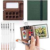 Qilery Mini Portable Watercolor Palette Set Wooden Grid Paint Box Watercolor Paper Sketch Book Brush Pens with Binder Clip for Painters Artist Not Include Paint(Pine Green)