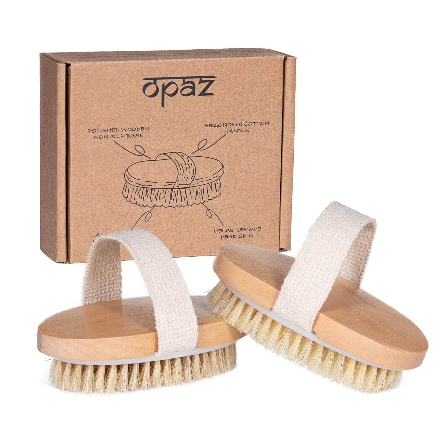 Opaz Dry Body Brush 2 pack Natural Bristle for Dry Skin - Exfoliator scrubber - wet or dry scrub Smooth cellulite - Stimulate blood flow : Beauty