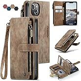 Lxisxcna iPhone 14 5G Wallet Case with Card Holder Kickstand Magnetic Zipper Pocket Lanyard Strap Wristlet,Leather Flip Case Wallet for iPhone 14 5G 6.1 Inch(Brown)