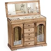 Miratino Jewelry Box for Women Girls, Rustic Wooden Jewelry Organizer Box with Mirror, 5 Layer Jewelry Storage Case Display for Necklaces Earrings Rings Bracelets Valentine's Day Gifts
