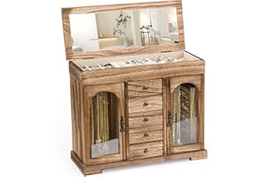 Miratino Jewelry Box for Women Girls, Rustic Wooden Jewelry Organizer Box with Mirror, 5 Layer Jewelry Storage Case Display for Necklaces Earrings Rings Bracelets Valentine's Day Gifts