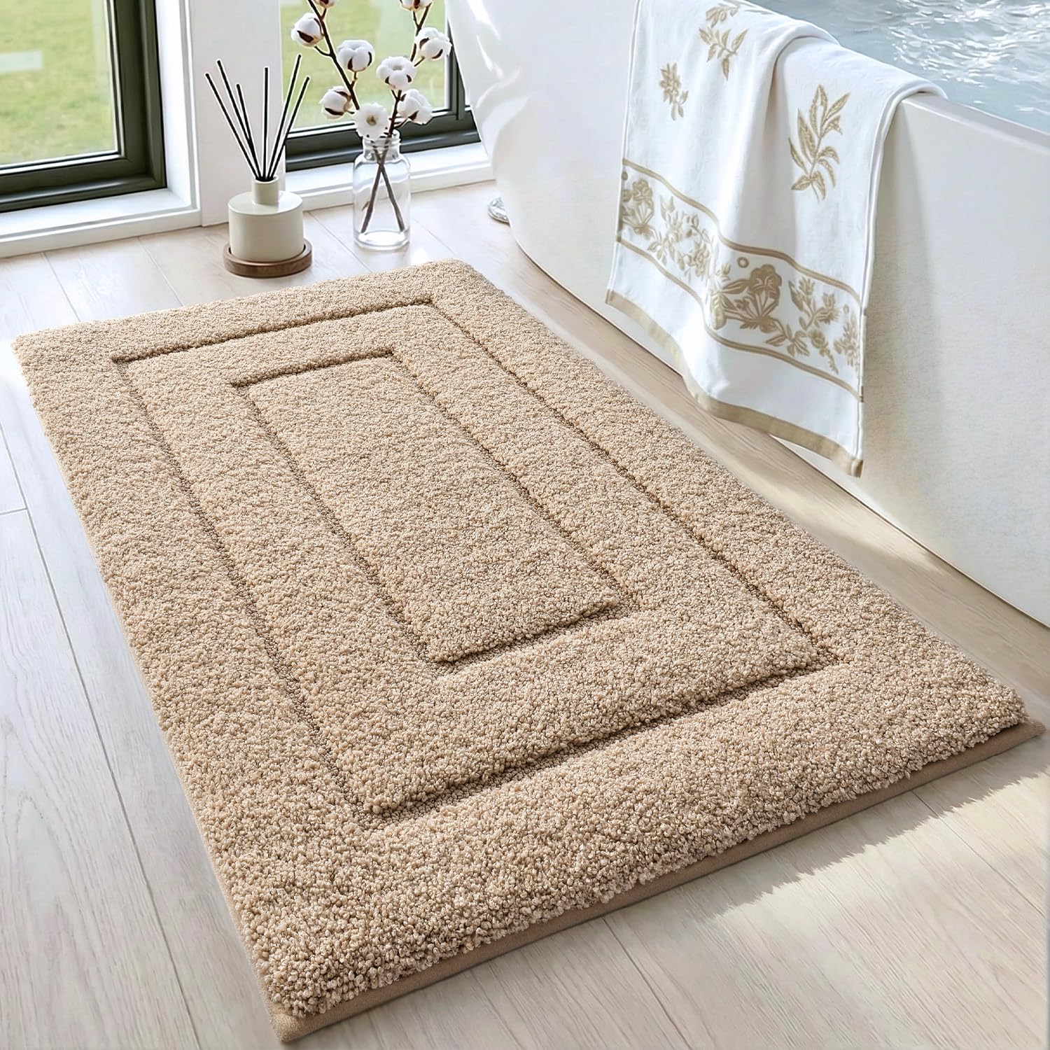 Photo 1 of DEXI Bathroom Rug 32x20, Non Slip Washable Bath Mat for Shower Floor, Absorbent Soft Bathmat with Rubber Backing, Quick Dry Microfiber Carpet, Beige